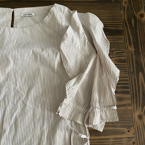 Farrow Women’s White Beige Striped Puff Sleeve Blouse Size M – Open Tie Sleeves - Picture 6 of 7